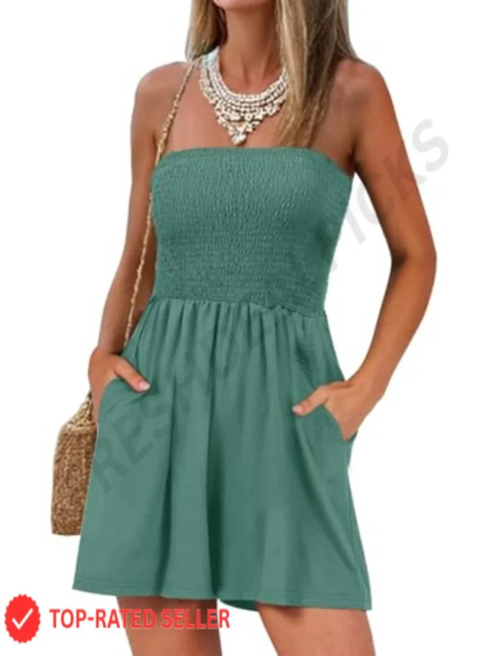 Women's Strapless Casual Romper Smocked Backless Loose Shorts Sleeveless Beach